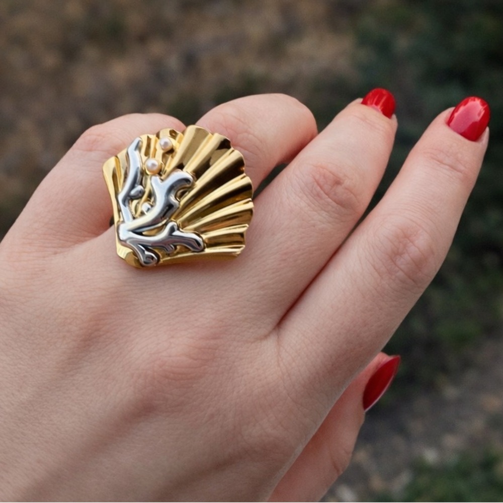 Shell Ring with gold and silver accents Statement Jewelry